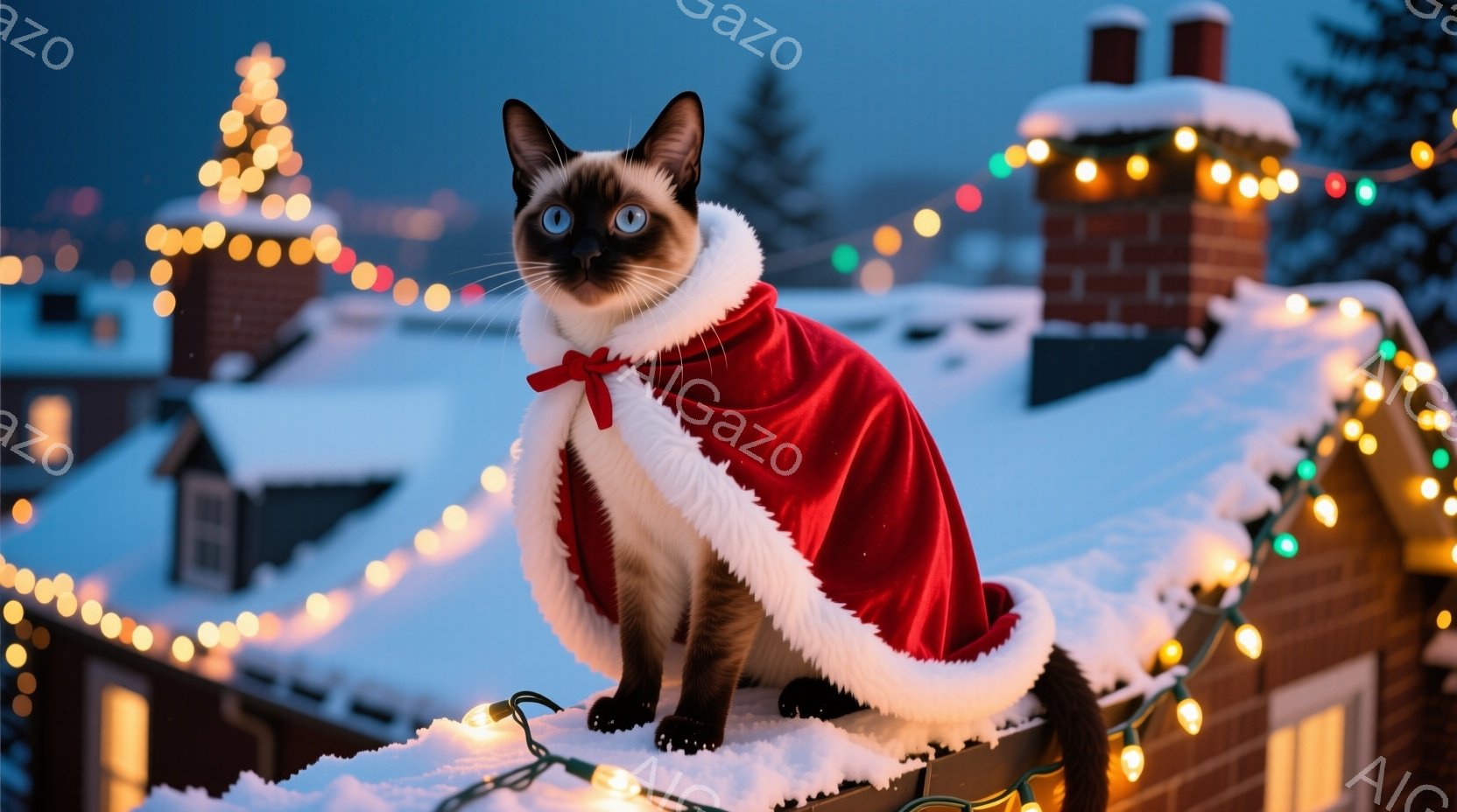 シベリアンハスキーのような毛並みの猫が、赤いサンタクロースのケープを羽織り、雪の積もった屋根の上で座っています。その表情はどこか誇らしげで、青い瞳が印象的です。背景にはクリスマスのイルミネーションが輝 - AI生成フリー素材