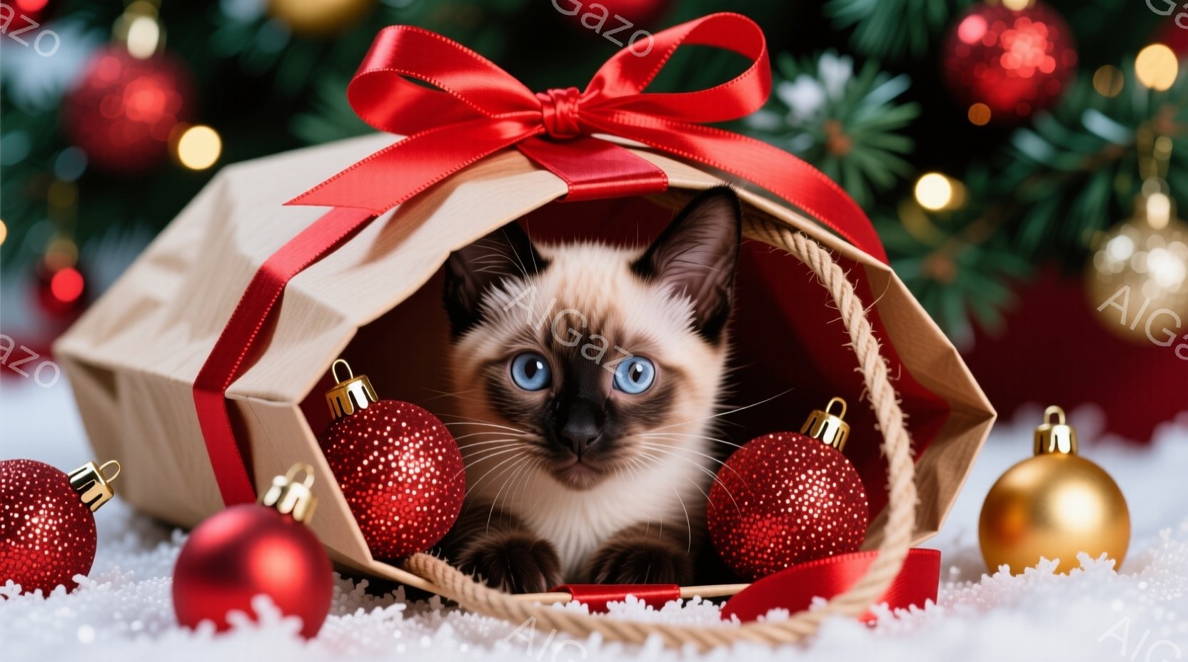 白地に薄茶色のまだら模様をした子猫が、赤いリボンで結ばれたギフトボックスの中に座っています。背景には、ぼやけたクリスマスツリーの飾りと、雪のような白いものが散りばめられています。全体的に、可愛らしく、 - AI生成フリー素材