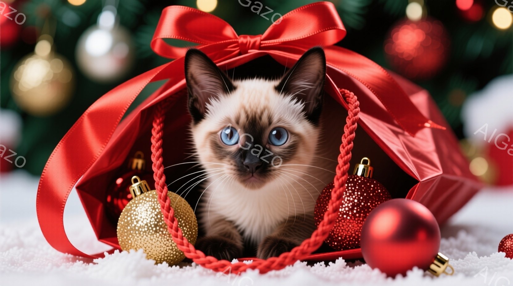 シベリアンハスキーのような毛色をした子猫が、赤いギフトバッグの中に座っています。澄んだ青い瞳が印象的で、好奇心と少しの戸惑いが入り混じった表情をしています。背景には、クリスマスツリーの緑と赤いオーナメ - AI生成フリー素材