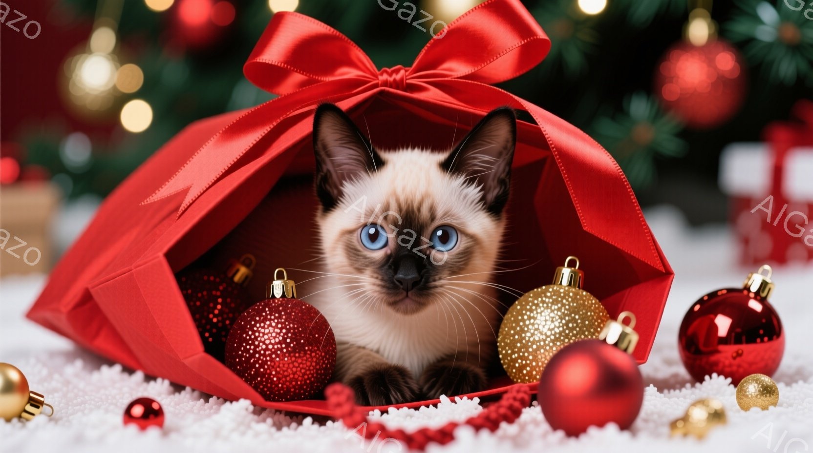 シーモフの猫が赤いギフトバッグの中に座り、正面を見つめています。周りには金色の赤いクリスマスオーナメントが散りばめられ、背景にはぼやけたクリスマスツリーと白い雪のような装飾が見えます。全体的に暖かく、 - AI生成フリー素材