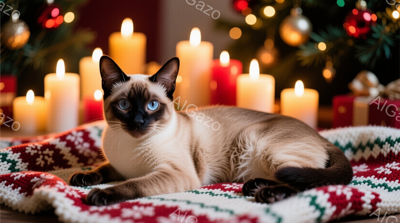 シーマーズ猫が赤と白の編み物の毛布の上に横たわっています。猫は正面を見ており、明るい青い目をしています。背景にはぼやけたクリスマスツリーと、さまざまなサイズの点灯されたキャンドルが暖かく輝いています。 - AI生成フリー素材