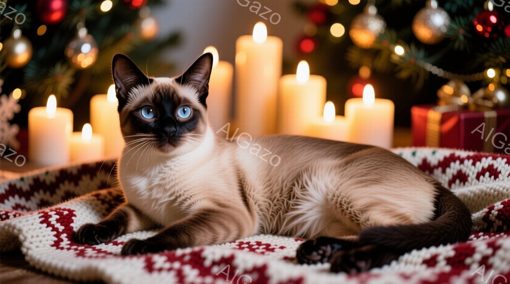 シーマル猫が赤い模様の編み物の上に横たわり、カメラに向かって鮮やかな青い目でこちらを見ている。背景には、ぼやけたクリスマスツリーと点灯したキャンドルが暖かく灯り、ホリデーシーズンの穏やかな雰囲気を醸し - AI生成フリー素材