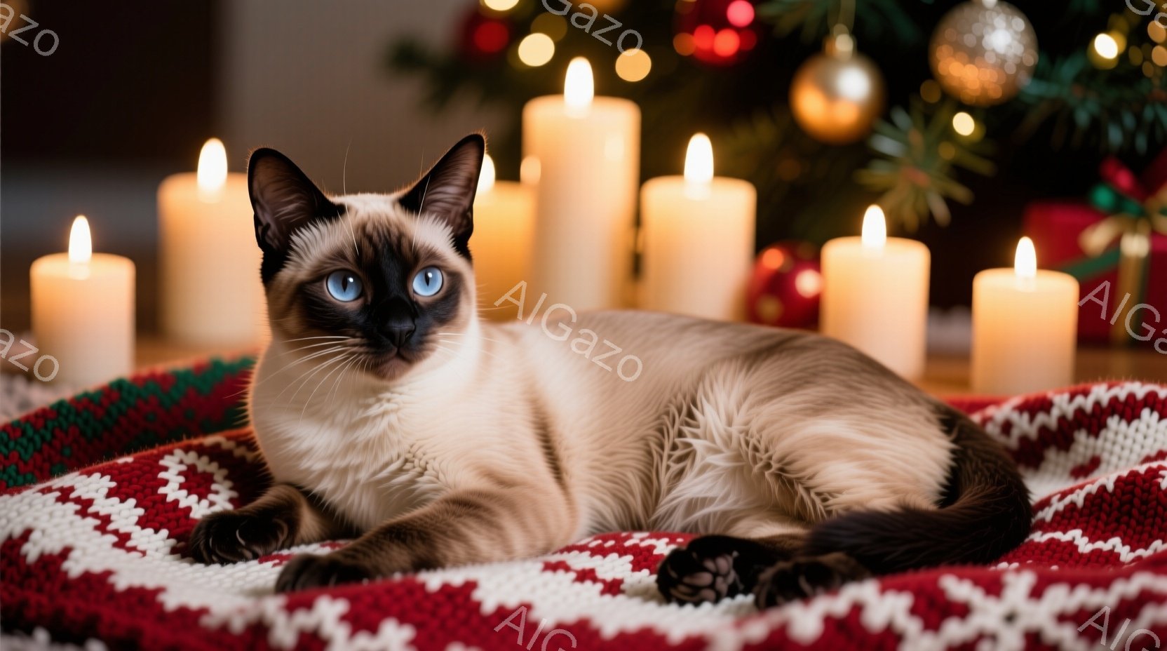 シーマル猫が赤い模様の毛布の上で横たわっており、鮮やかな青い瞳が印象的です。周囲には複数の白い柱状のキャンドルが配置され、背景にはクリスマスツリーのぼやけた光が灯っています。全体的に暖かく、穏やかなクリスマスの雰囲気を醸し出しています。