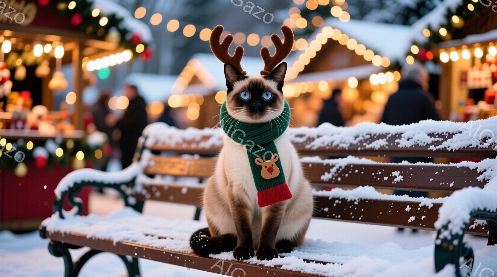 シーマ猫がクリスマスをテーマにした飾りを身につけ、雪で覆われたベンチに座っている。緑と赤のストライプで、トナカイの顔が刺繍されたマフラーを巻き、頭には小さなトナカイの角をつけている。背景にはクリスマスマーケットのような賑やかな風景がぼやけており、暖かい光で照らされ、雪が降っている様子が伺える。