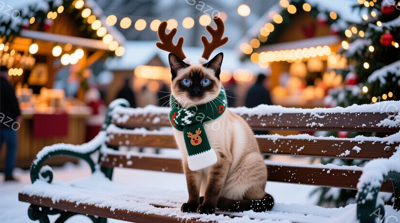 シーロの猫がベンチに座っており、トナカイの角と白い縁取りのある緑色のマフラーをつけている。背景にはクリスマスの飾り付けがされた建物や、雪が降る夜空が見え、冬の暖かい雰囲気を醸し出している。猫は正面を見ており、やや控えめながらも可愛らしい表情をしている。
