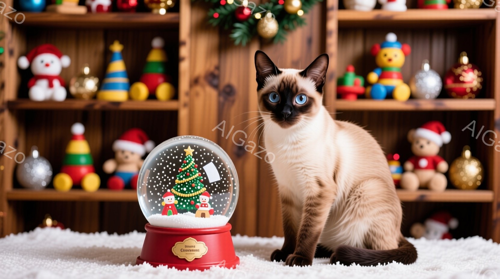 シアム猫が白いカーペットの上に座っており、少し体を丸めています。背後にはクリスマスのオーナメントや雪だるうまんのクリスマスツリーが並んだ棚があり、背景は暖かくお祝いの雰囲気が漂っています。スノーグロー - AI生成フリー素材
