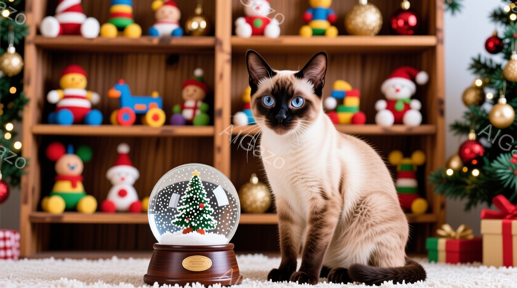 シーマーズ猫が白いラグの上に座っており、雪の結晶が入ったガラスのクリスマスのオーナメントの隣にいます。背景には、さまざまなクリスマスの人形や装飾が並んだ棚があり、右側には赤いリボンで飾られたクリスマスツリーとプレゼント箱があります。全体的に、暖かくお祝いの雰囲気で、クリスマスの準備をしている様子が伝わってきます。