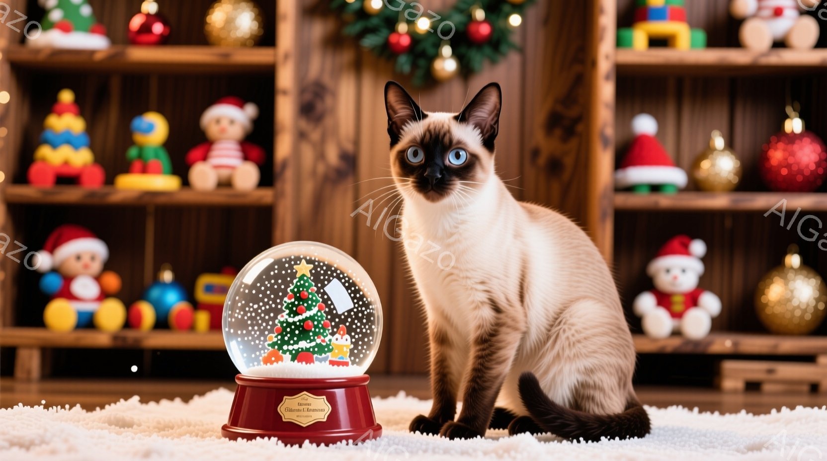 シベリアンハスキーのような毛並みの猫が、クリスマスのスノーグローブの前に座って正面を見ています。背景には、色とりどりのサンタクロースの置物やクリスマスオーナメントが並んだ棚があり、暖かくお祝いの雰囲気が漂います。猫の青い瞳が印象的で、白い毛並みが背景の賑やかな色合いとコントラストをなしています。