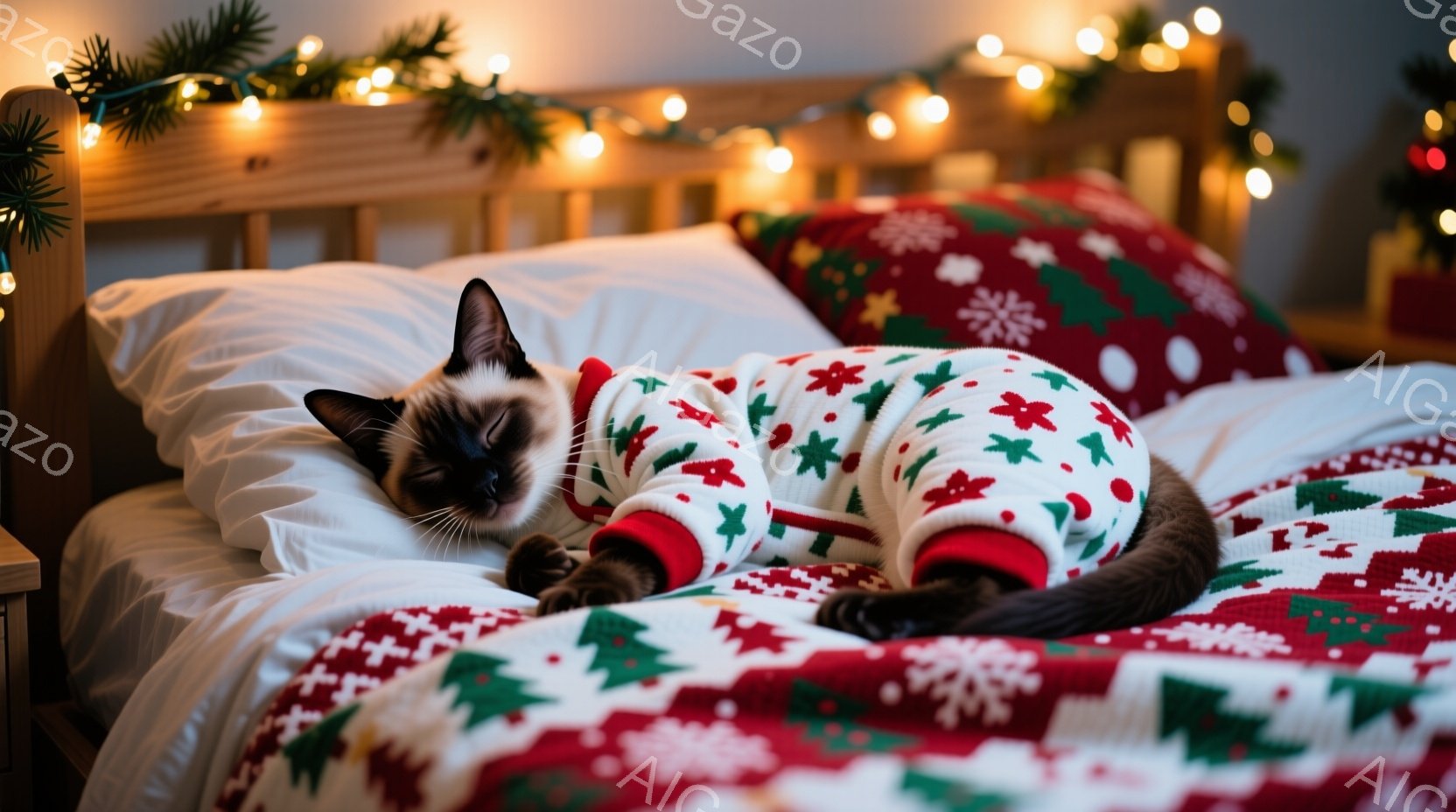 シベリアンハスキーのような猫が、赤い模様と白いベースのクリスマス柄のパジャマを着てベッドの上で仰向けに寝ています。背景には赤いクリスマス柄のシーツと枕があり、ベッドの上にはキラキラと光るクリスマスライ - AI生成フリー素材