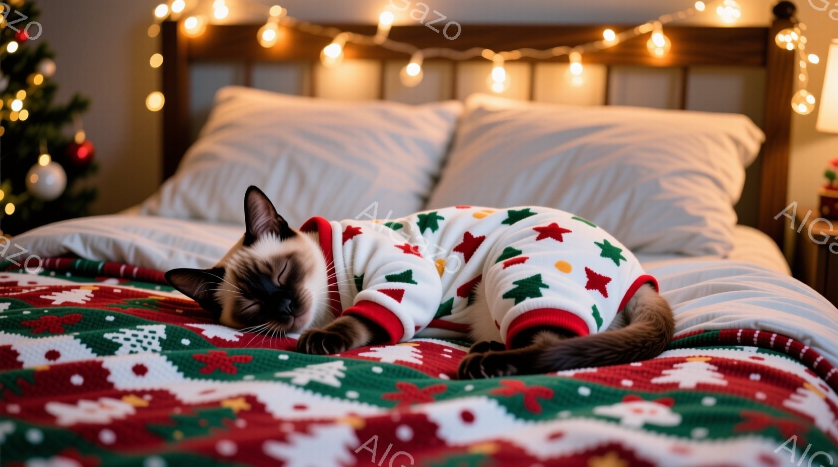 シベリアンハスキーのような模様の猫が、クリスマス柄のパジャマを着てベッドの上で横たわっています。猫は目を閉じてリラックスしており、可愛らしい姿は見る人を和ませます。背景にはクリスマスの飾り付けがされ、 - AI生成フリー素材