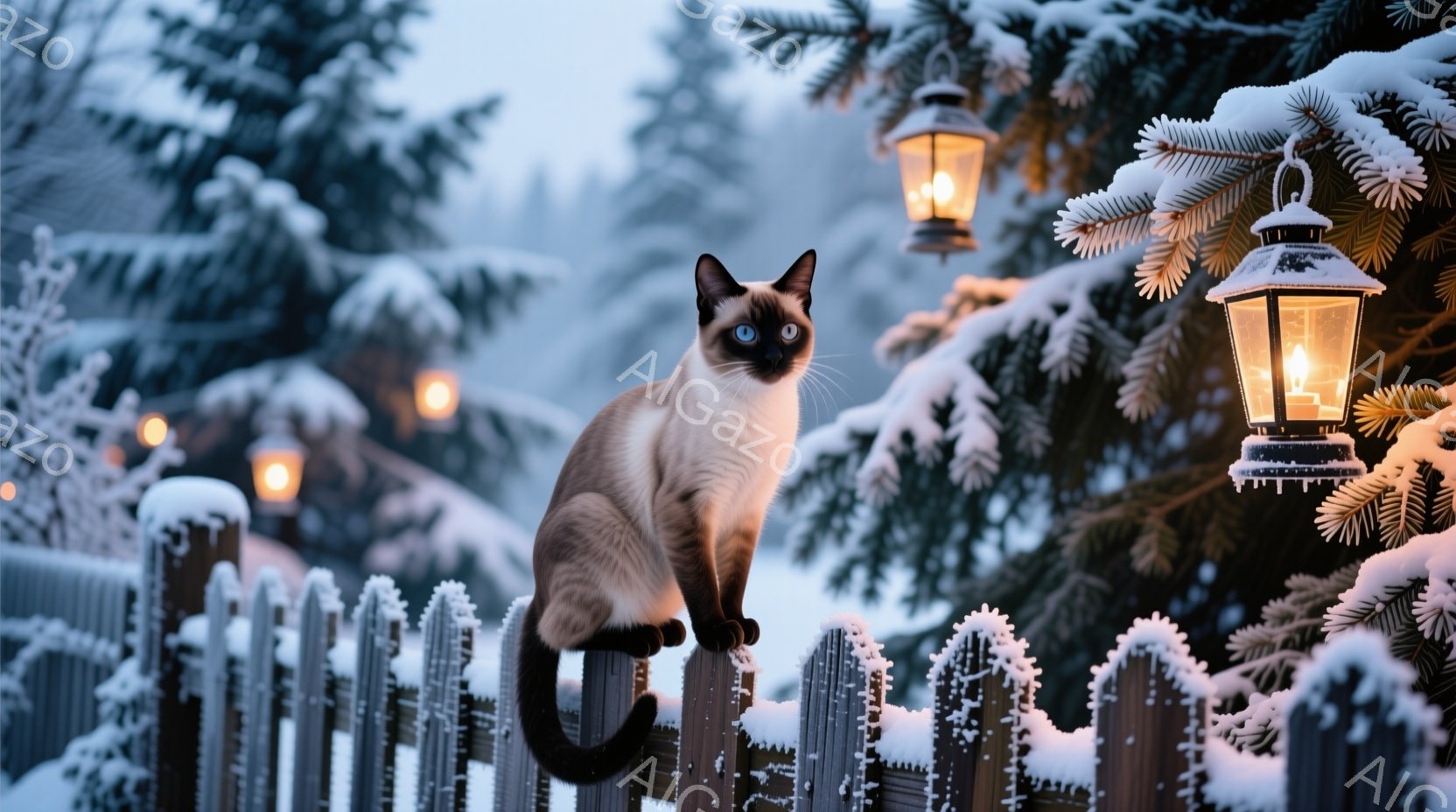 シーマ猫が雪で覆われた木の柵の上に座っており、その目は鮮やかなブルーで、正面を見ています。背景には雪の積もった松の木と、暖かく光る提灯が並び、冬の静寂と安らぎの雰囲気を醸し出しています。全体的に、穏やかで幻想的な冬の風景です。