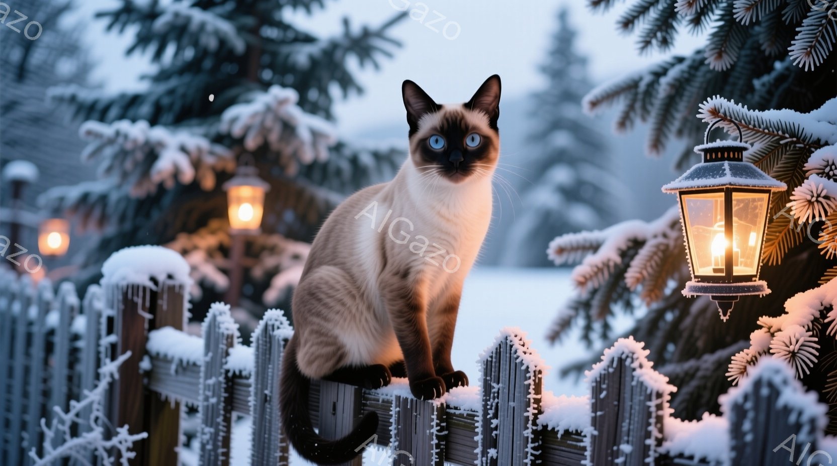 白と茶色のシャム猫が雪で覆われた木の柵の上に座り、前方をじっと見つめています。背景には、雪に覆われた木々とぼんやりとした建物、そして薄暗い光を放つ複数の提灯が見えます。全体的に、静かで幻想的な冬の風景 - AI生成フリー素材