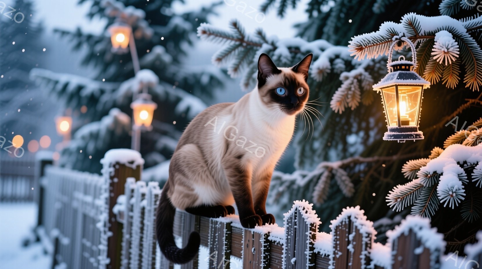 シベリアンブルーの目を輝かせたシャム猫が、雪で覆われた木製の柵の上に優雅に座っています。背景には、雪化粧した松の木々と、ぼんやりと光るランタンがあり、冬の静寂と暖かさを感じさせます。全体的に、穏やかで - AI生成フリー素材