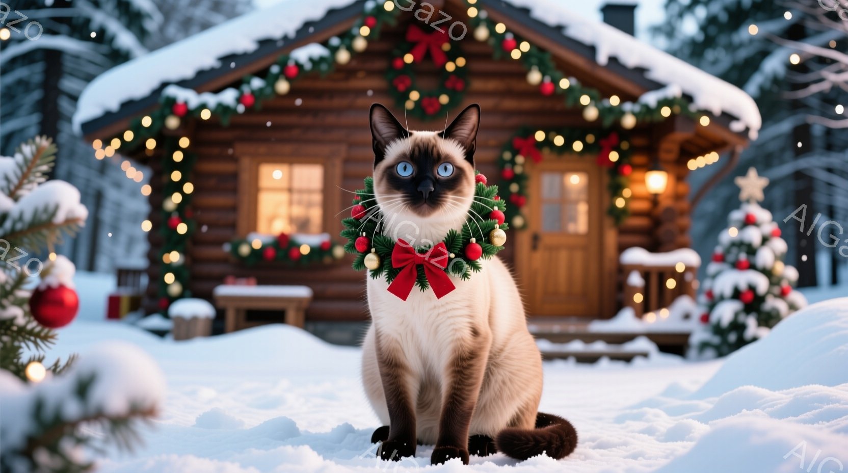 シーマーズ猫が雪景色の中で座っており、首には赤いリボンが付いたクリスマスリースが巻かれています。背景には、クリスマスライトで飾られた可愛らしい丸太小屋と、オーナメントが飾られたクリスマスツリーが見えます。全体的に暖かく、お祝いムードにあふれた、冬のクリスマスの雰囲気が漂っています。