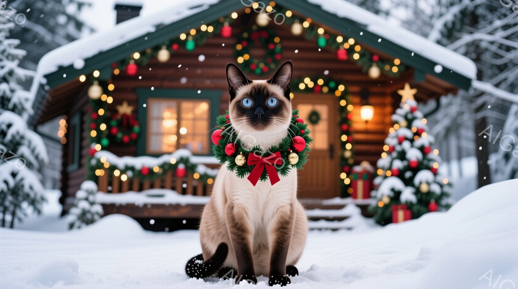 シベリアンハスキーのような毛並みの猫が雪の上に座り、首には赤いリボンと飾りが付いたクリスマスリースが巻かれています。背景には、クリスマスライトで飾られた可愛らしい木造の家と、雪で覆われた針葉樹林が広がっており、雪が舞い散る冬の光景が描かれています。暖かく穏やかなクリスマスの雰囲気が漂う、可愛らしい一枚です。