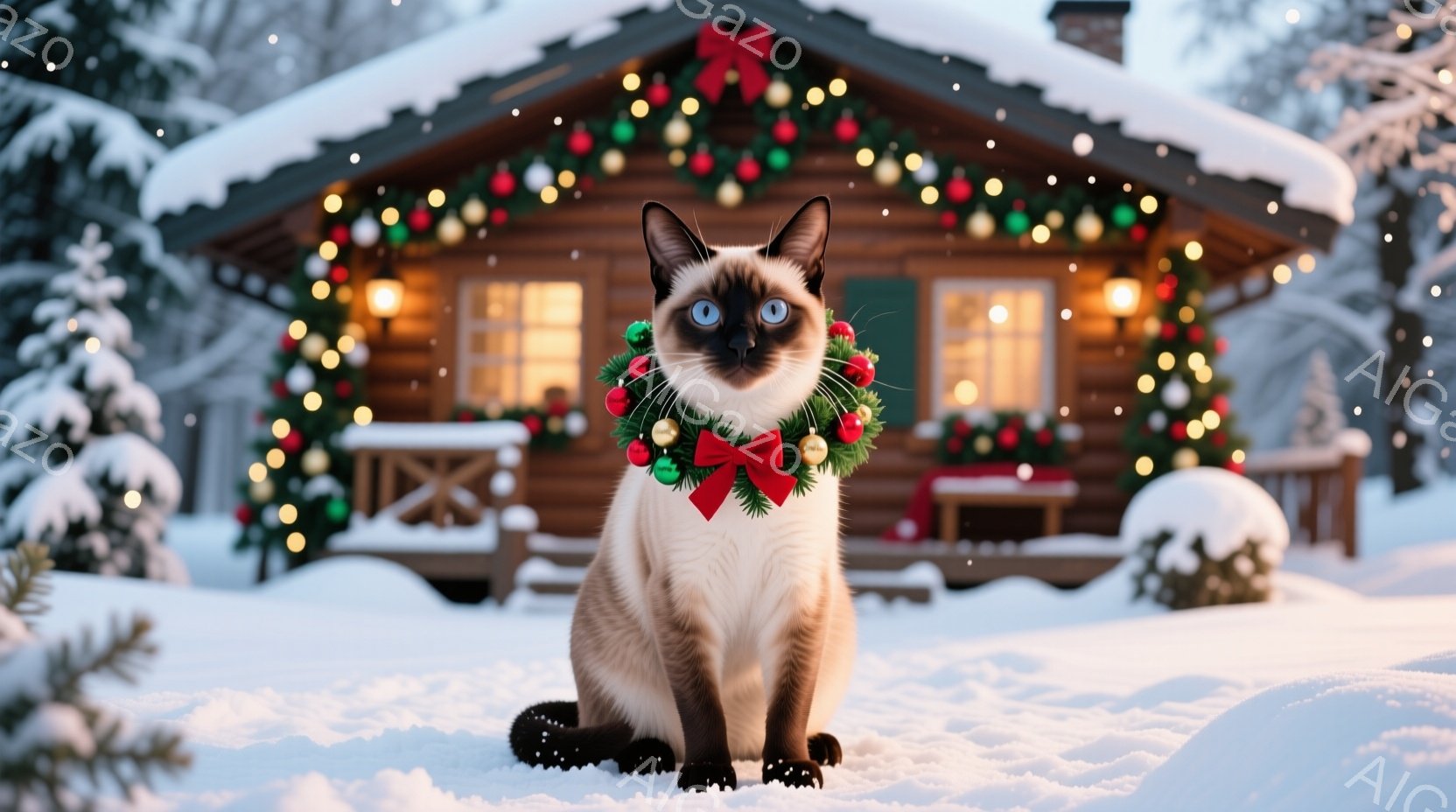 シベリアン・ハスキーのような美しい毛並みの猫が雪の上に座っており、首には赤いリボンと装飾が施されたクリスマスリースが巻かれています。背景には、キラキラと輝くイルミネーションで飾られた、雪に覆われた可愛 - AI生成フリー素材