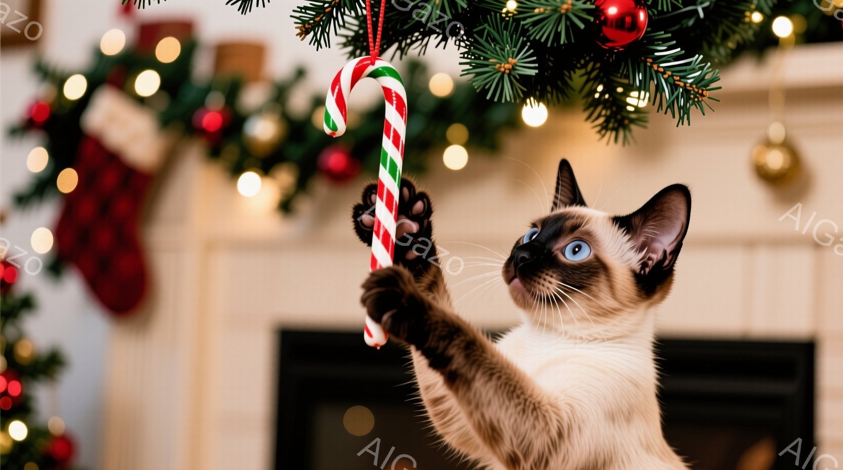 シーマーズ猫がクリスマスツリーの飾りであるペパーミントキャンディを前足で掴もうとしています。猫は上を見上げていて、集中した表情で、毛並みはクリーム色と茶色の美しいグラデーションです。背景には、飾られた - AI生成フリー素材
