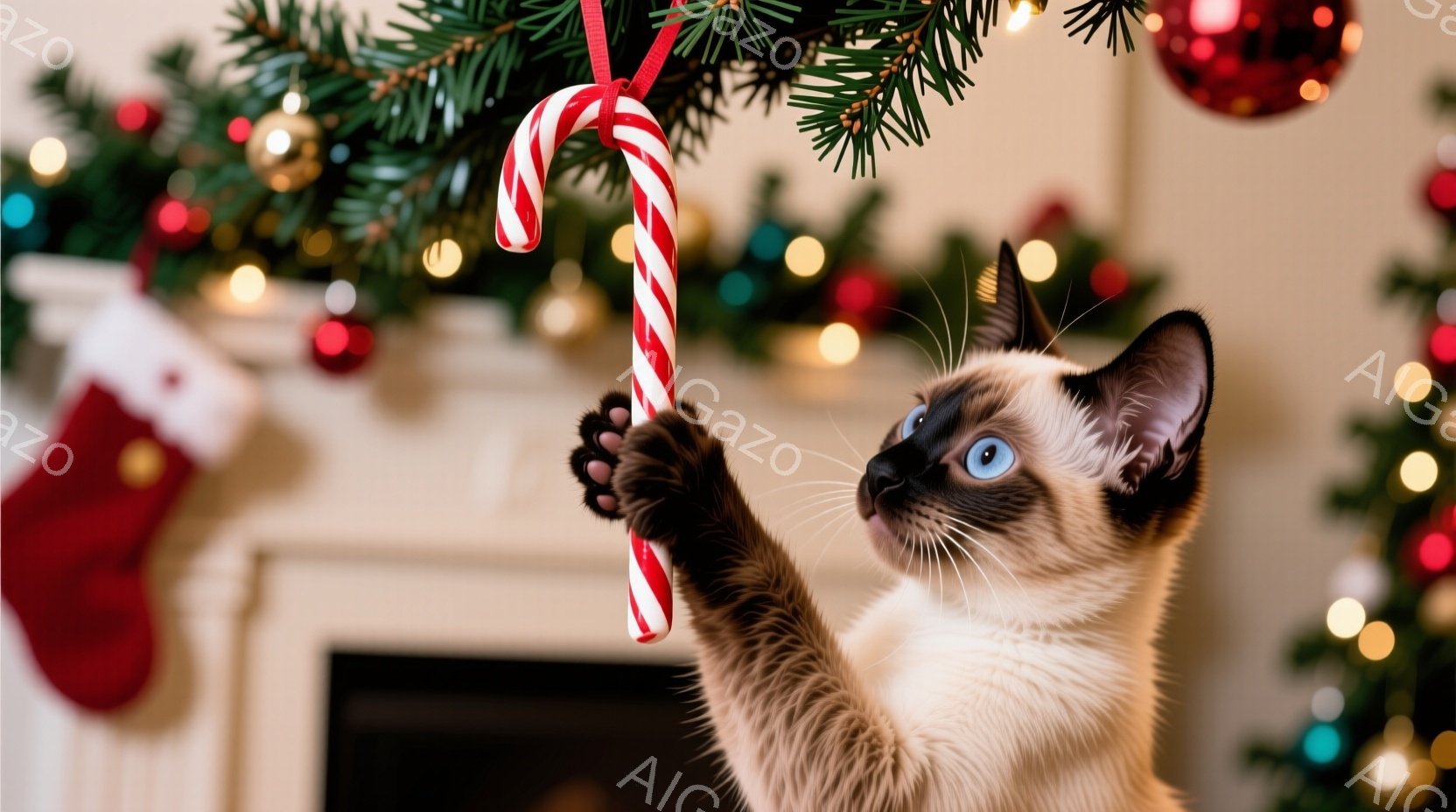 シーマ模様の猫がクリスマスツリーのオーナメントであるキャンディケーンを前足で掴もうとしています。猫は上目遣いでキャンディケーンを見つめており、まるでそれを捕まえようと躍起になっているようです。背景には - AI生成フリー素材