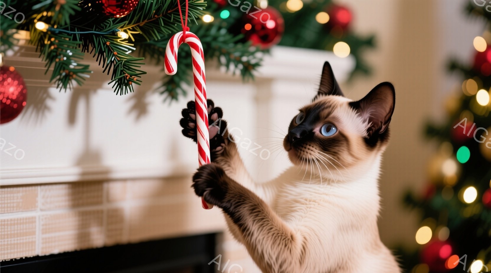 シーマ模様の猫が、クリスマスツリーの飾りであるキャンディケーンを前足で掴もうとしています。猫は上を見上げており、青い瞳が印象的です。背景にはクリスマスツリーの緑の葉と、赤いオーナメント、そして暖かな光 - AI生成フリー素材