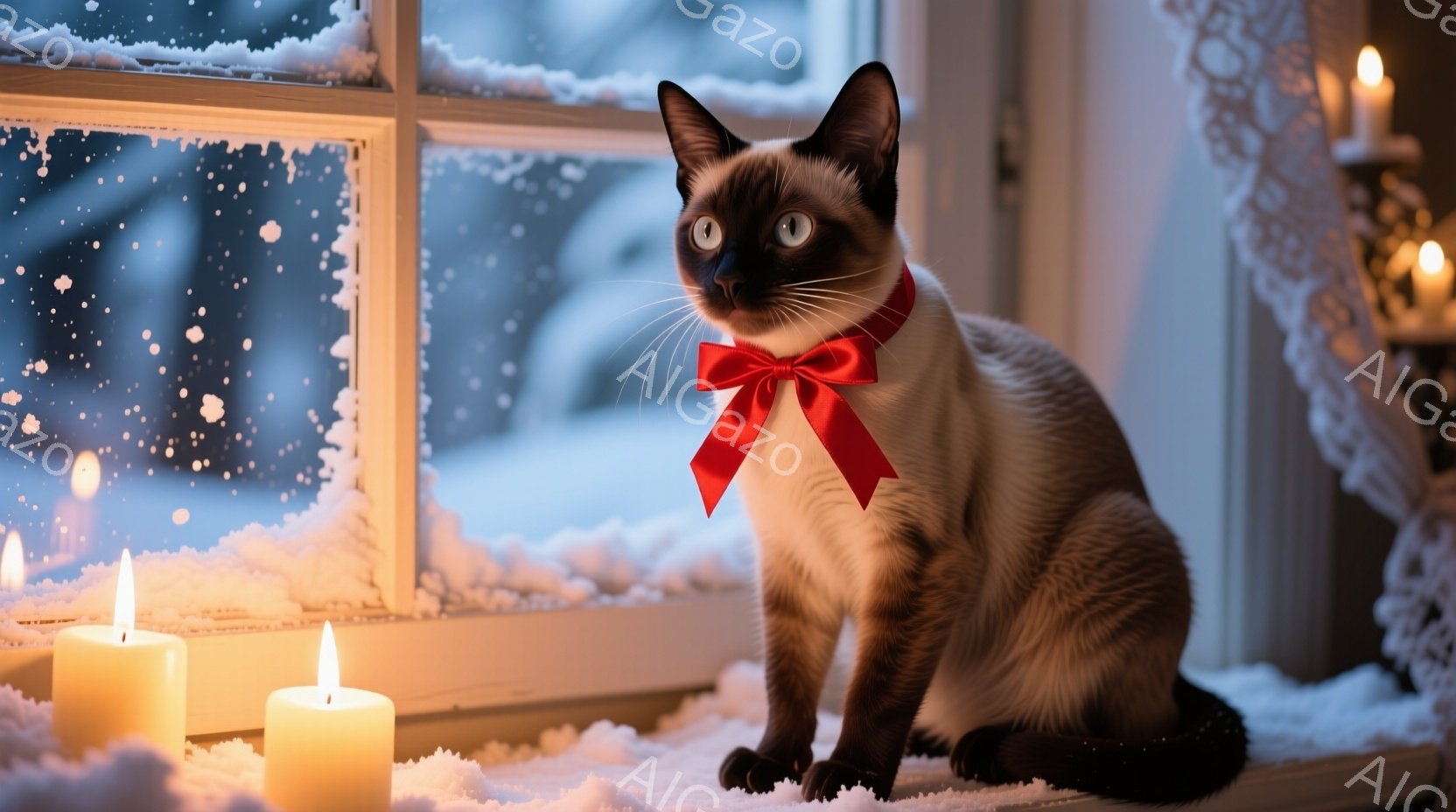 シーラムカラーの猫が窓辺に座っており、赤いリボンを首に巻いています。窓の外は雪景色で、室内には数本のロウソクが灯されており、暖かく穏やかな雰囲気を醸し出しています。猫は正面を見据え、落ち着いた表情で、冬の静けさの中でリラックスした様子が伺えます。