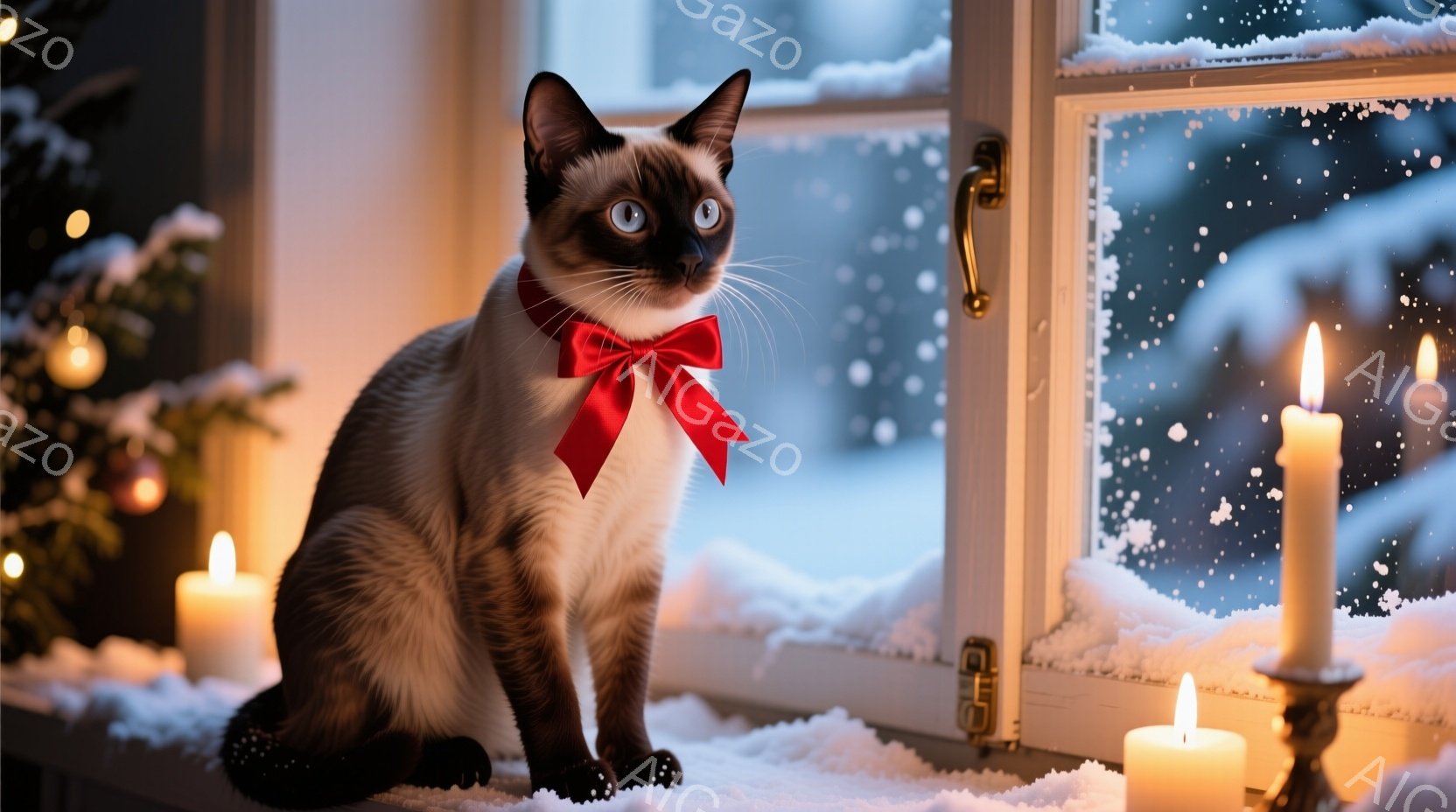 シーマル猫が窓辺に座り、赤いリボンを首に巻いています。雪が降る冬の景色を背景に、数本の火が灯ったキャンドルが猫の周りに置かれ、暖かく穏やかな雰囲気を醸し出しています。背景にはぼんやりとクリスマスツリー - AI生成フリー素材