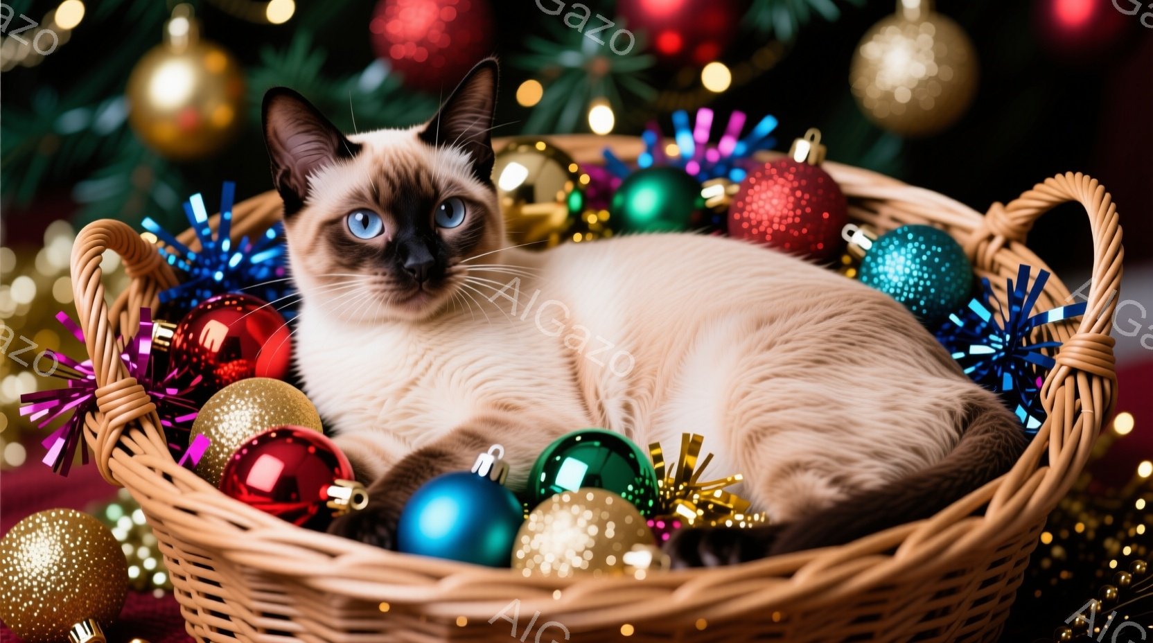 シーマーズ猫が、クリスマスオーナメントで溢れた編み込みの籠の中に横たわっています。猫は明るい青い目を持ち、リラックスした表情で穏やかに見つめています。背景にはぼやけたクリスマスツリーと、キラキラと輝く電飾が見え、温かくお祝いムードが漂っています。