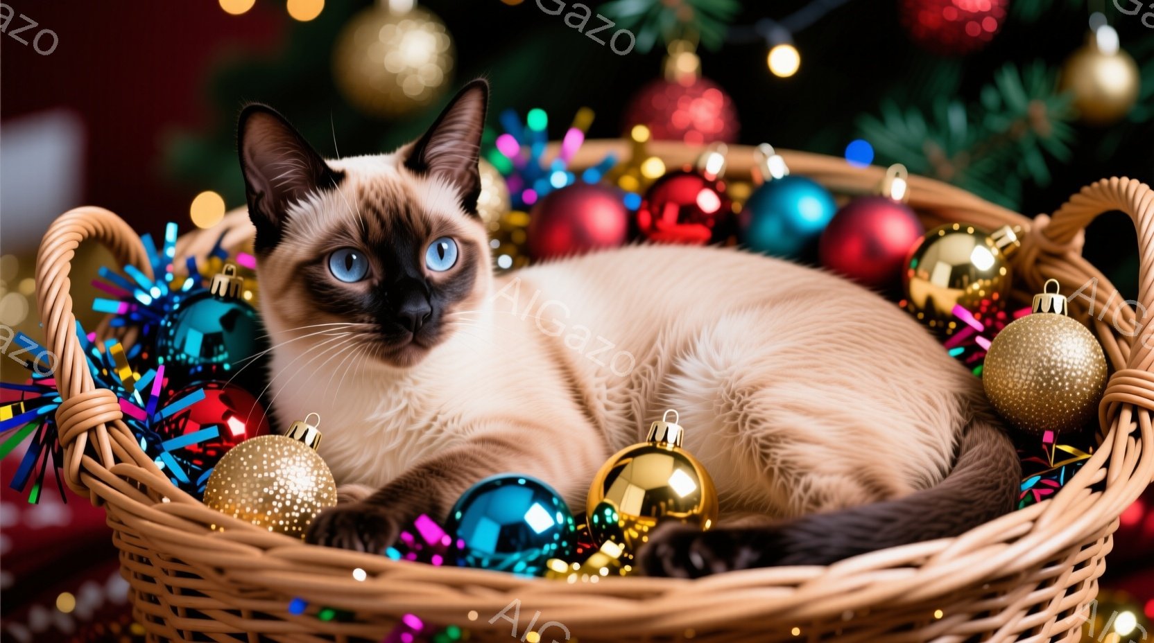 シーマ模様の猫が、クリスマスオーナメントで飾られた籐のバスケットの中に丸まって横たわっています。猫は澄んだ青い目を持ち、わずかにこちらを見ています。背景には、ぼやけたクリスマスツリーと輝く電飾が見え、 - AI生成フリー素材