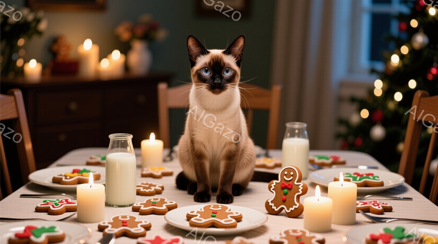 シーマーズ猫が、ジンジャーブレッドクッキーとキャンドルが並んだ食卓の中心に座っています。猫は正面を見ており、落ち着いた表情をしています。背景にはぼやけたクリスマスツリーや家具が見え、暖かく穏やかなクリスマスの雰囲気が漂っています。