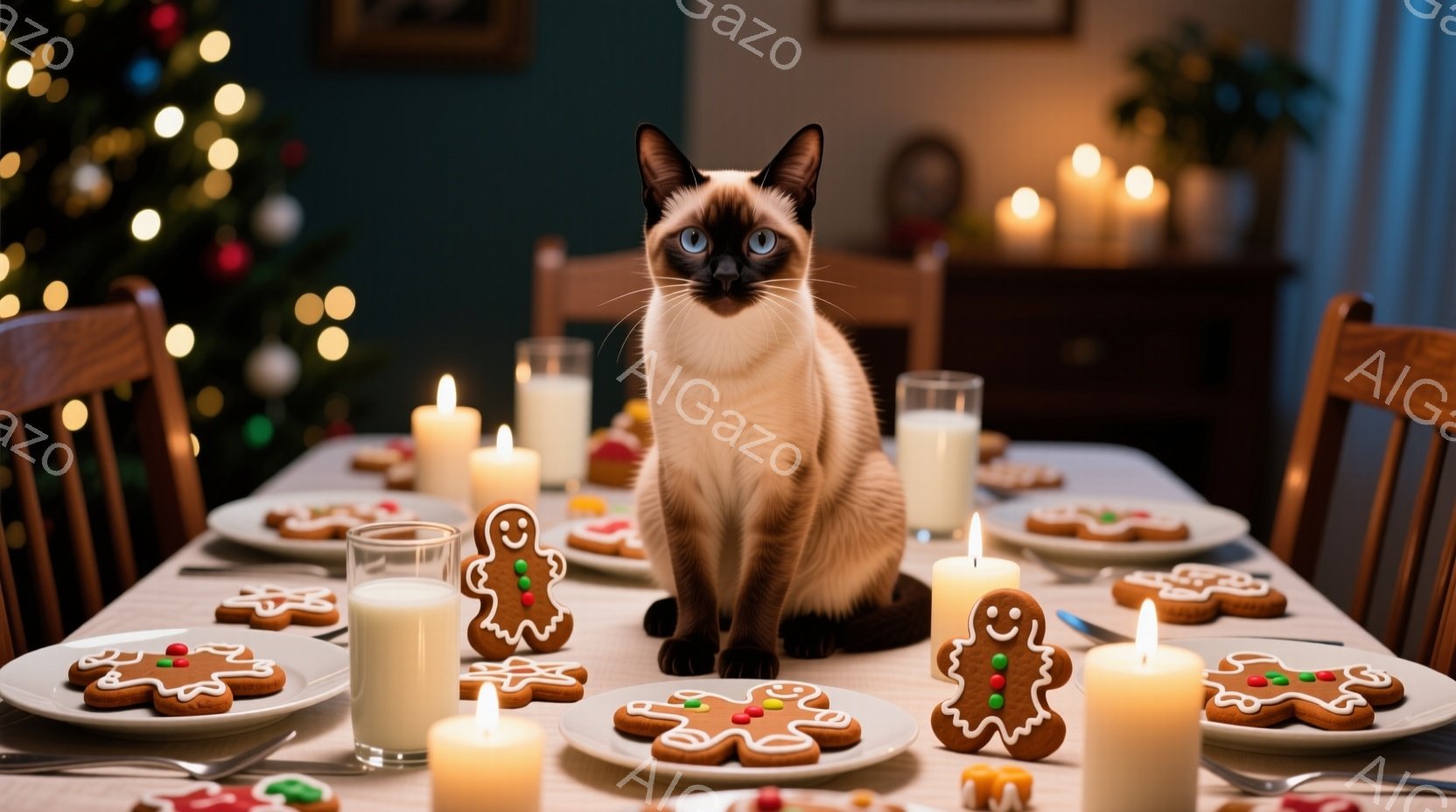 暖炉の光が差し込む食卓には、ジンジャーブレッドマンのクッキーやグラスに入ったミルクが並び、中央にはシーラムカラーの猫が座っています。猫はまっすぐ前を見ており、上品で落ち着いた表情をしています。背景にはクリスマスツリーのぼんやりとした光が見え、温かく、お祝いムードに満ちた雰囲気です。