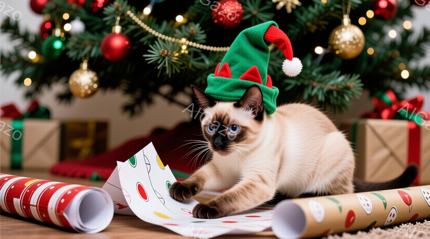 クリーム色のシャム猫がクリスマスツリーの前に座り、赤い縞模様と緑色の先端のサンタ帽子をかぶっています。猫は包装紙のロールの周りに前足を伸ばし、興味津々な表情で包装紙を少しつまんでいます。背景には、オー - AI生成フリー素材