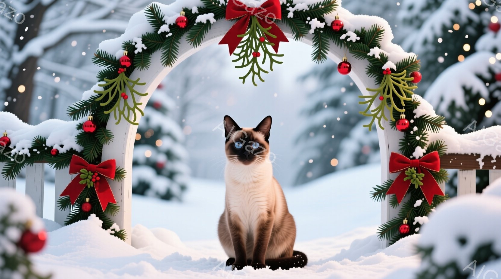 シーマル猫が雪景色の中で白いアーチの前に座っています。アーチはクリスマスツリーの飾りと赤いリボンで飾られ、雪が静かに降り積もっています。暖かく穏やかなクリスマスの雰囲気が漂い、猫は落ち着いて座り、冬の - AI生成フリー素材