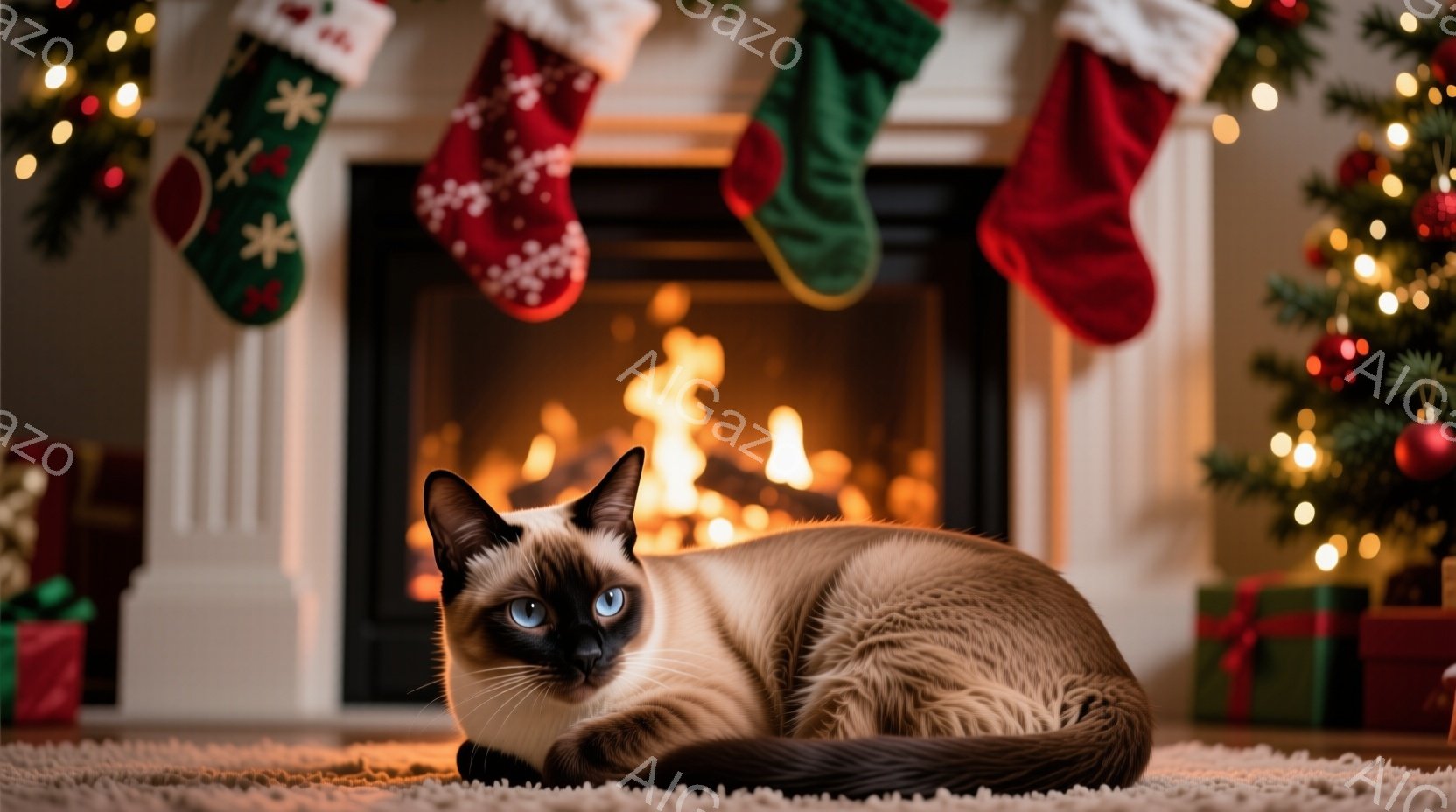 シーマ模様の美しい猫が、暖炉の前にある柔らかい敷物の上でゆったりと横たわっています。背景には、クリスマスツリーのキラキラと光る飾りと、暖炉に掛けられたカラフルなクリスマスストッキングが見えます。暖炉の - AI生成フリー素材