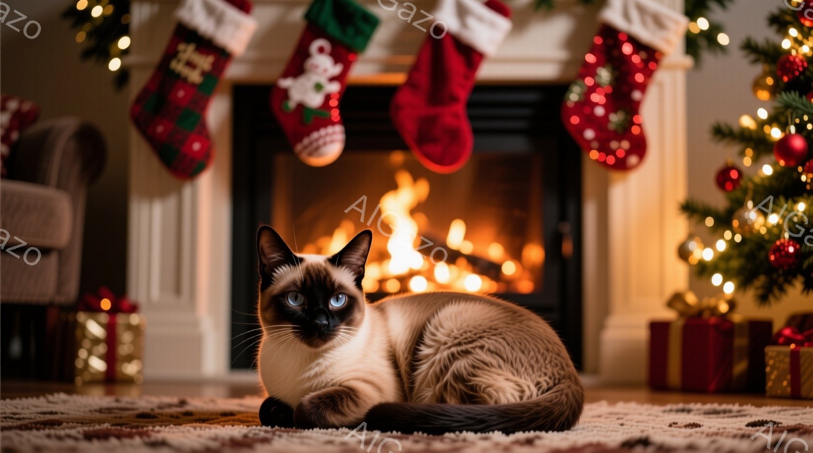 シーマ模様の猫が、暖炉の前にあるカーペットの上でリラックスして横たわっています。背景には、クリスマスツリーやプレゼント、暖炉から炎が立ち上る様子が見え、暖かい祝祭の雰囲気が漂っています。鮮やかなクリスマスストッキングが暖炉の上に飾られており、猫のブルーの瞳が印象的です。