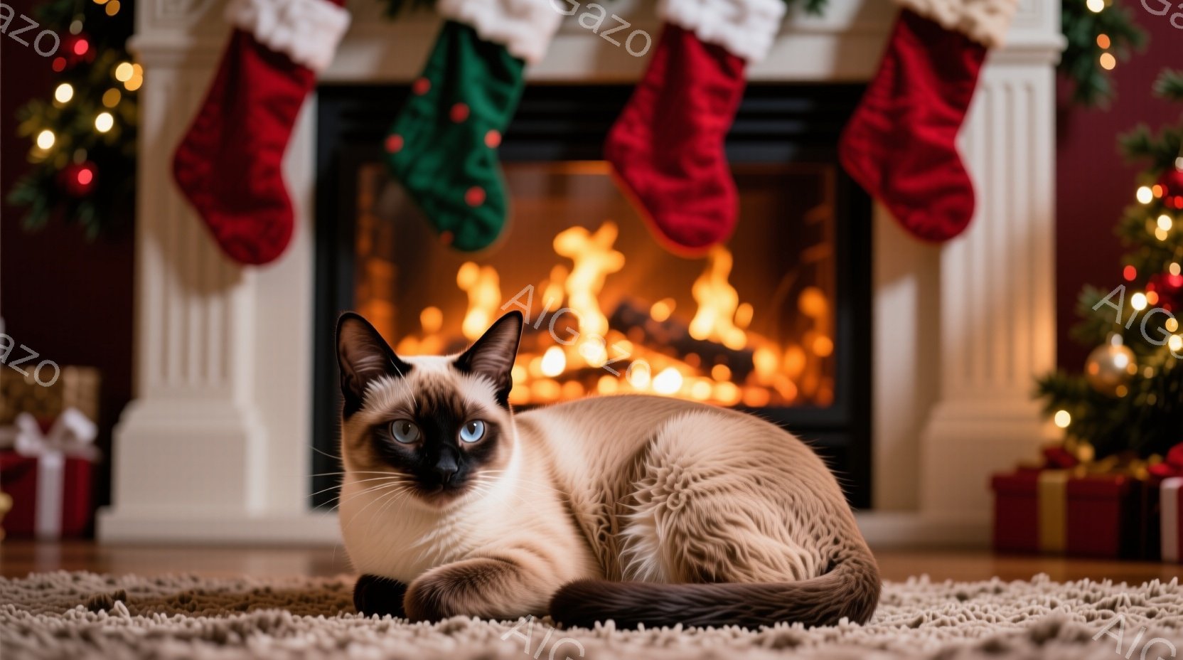 シーマーズ猫が明るいベージュ色のラグの上でリラックスして横たわっています。背景には、暖炉があり、火が燃えており、赤いクリスマスストッキングが暖炉の上に飾られています。全体的に、温かく、居心地の良い、お - AI生成フリー素材