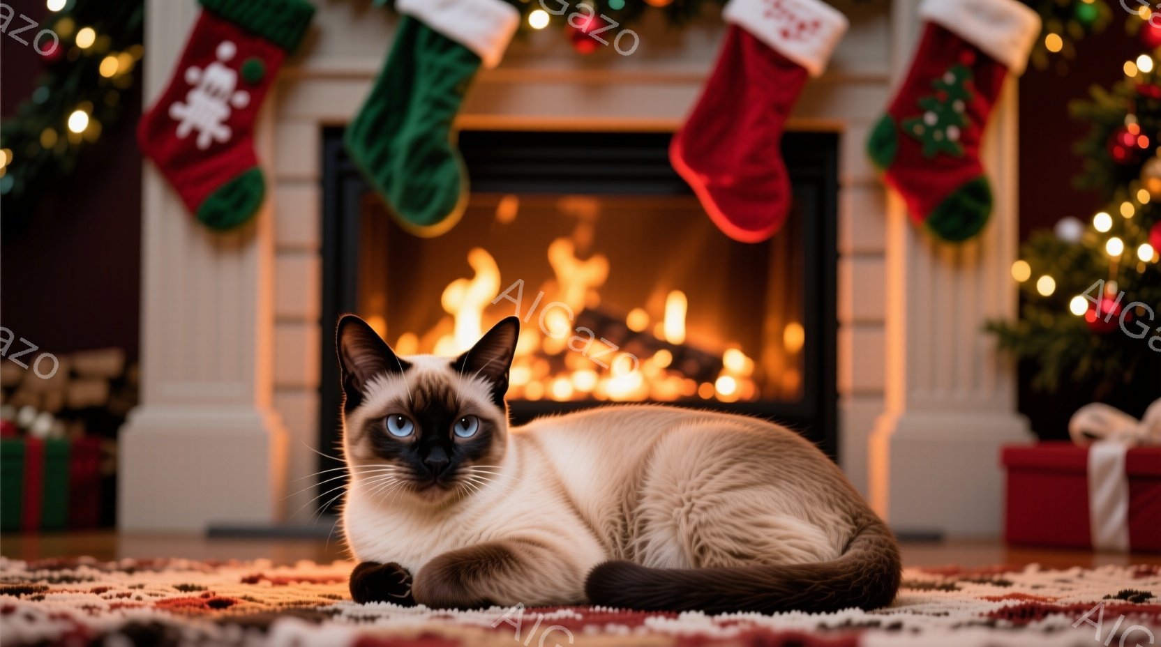 シーモポイントのシャム猫が、赤い模様の絨毯の上に優雅に横たわっています。背景には暖炉があり、炎が燃え盛っています。クリスマスツリーと赤い包装紙で飾られたプレゼントボックスが暖炉の周りに置かれ、お祝いム - AI生成フリー素材