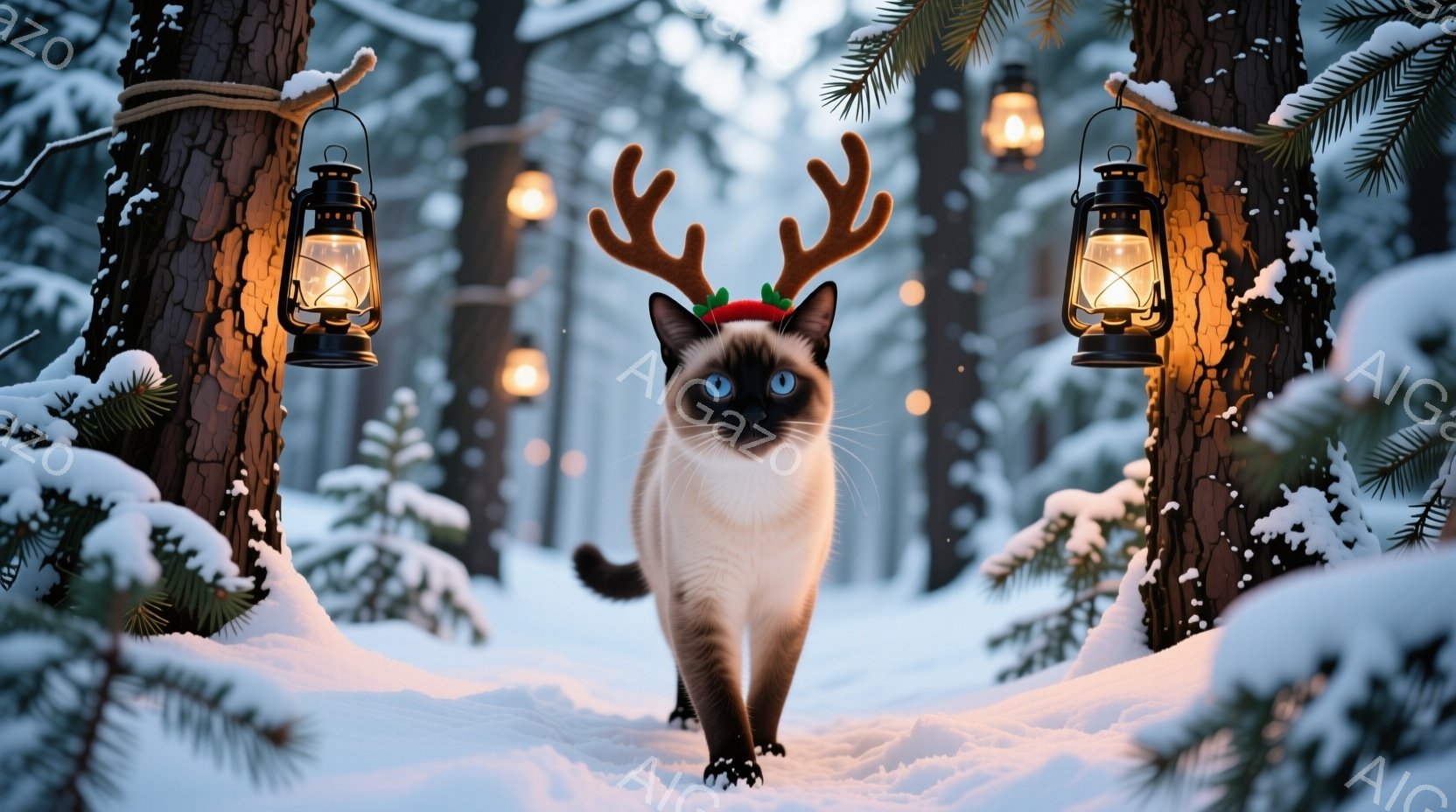 白い毛並みに茶色の耳を持つシャム猫が、頭にトナカイの角をつけて雪の中をまっすぐ歩いている。背景には雪に覆われた木々が立ち並び、木々からは暖かく光るランタンがぶら下がっている。全体的に、温かくお祝いムー - AI生成フリー素材