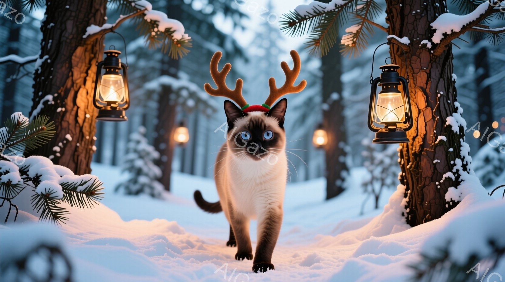 白い足と耳を持つシャム猫が、雪に覆われた森の中をまっすぐこちらに向かって歩いてくる。頭には角のような飾りをつけ、その青い瞳が印象的だ。背景には雪をまとった木々が立ち並び、ランタンの灯りが幻想的な雰囲気 - AI生成フリー素材