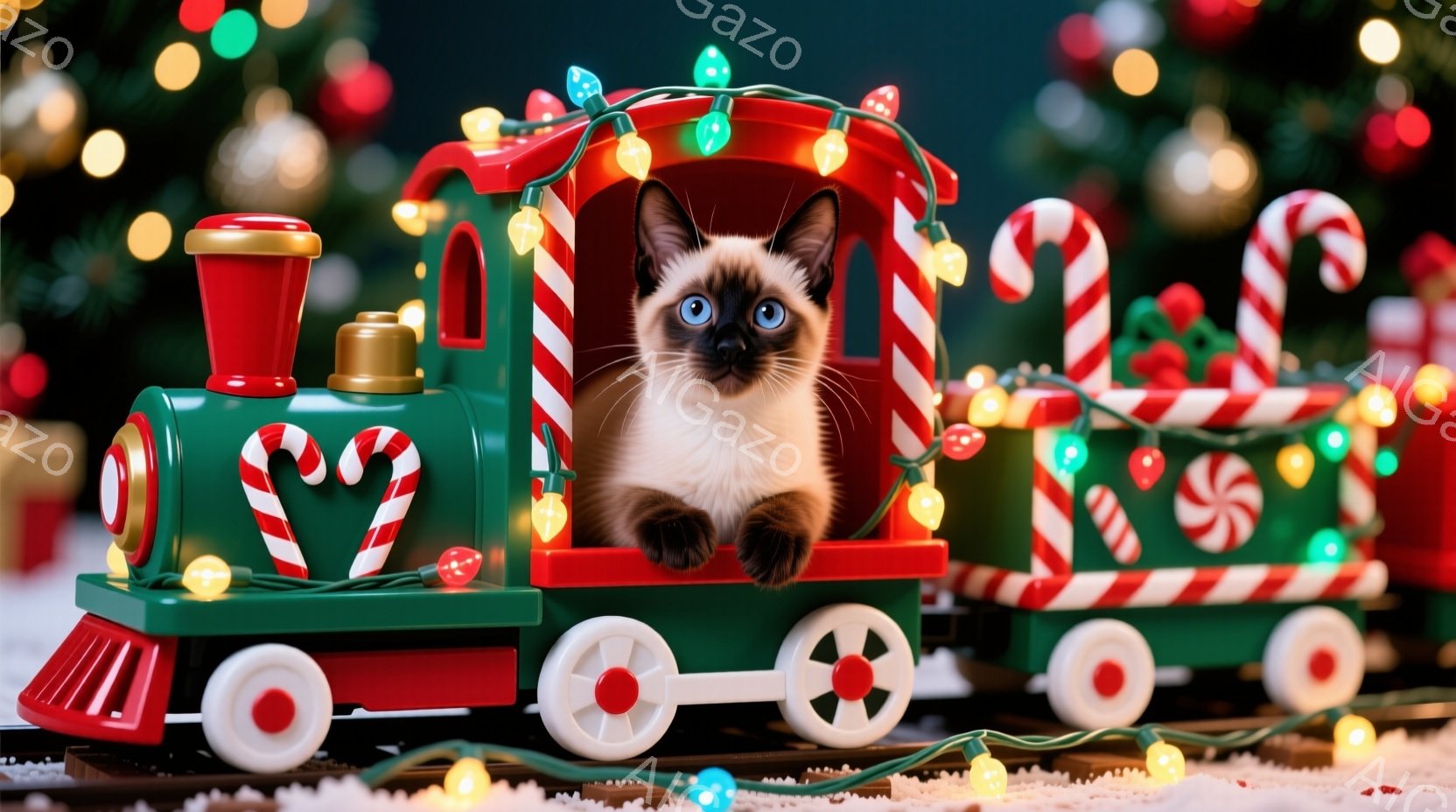 シナモン色の毛並みを持つ子猫が、クリスマスの装飾が施された緑色の玩具の列車の中に座っています。列車はキャンディケーンや飾りで飾られ、背景にはぼやけたクリスマスツリーの光が輝いています。全体的に暖かく、 - AI生成フリー素材