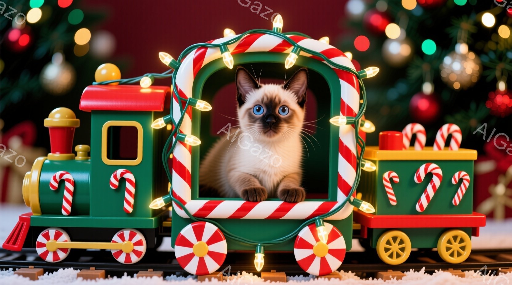 灰色のタイガー柄の猫が、クリスマスの飾り付けがされたおもちゃの列車の中に座っています。列車は赤と緑のストライプで飾られ、キャンディケーンが列車全体に付いており、雪の上に置かれています。背景には、ぼやけ - AI生成フリー素材