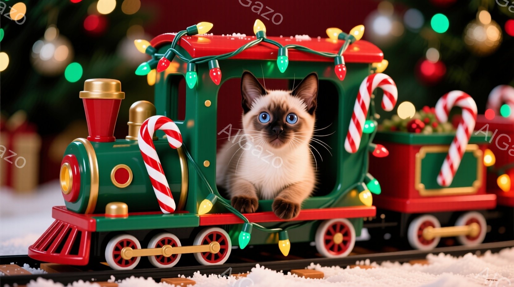 白と茶色のシャム猫が、クリスマスの飾り付けがされたおもちゃの列車の中に座っています。列車は緑と赤で彩られ、キャンディケーンの装飾が施され、クリスマスツリーのぼんやりとした背景と雪景色が全体を暖かく、お - AI生成フリー素材