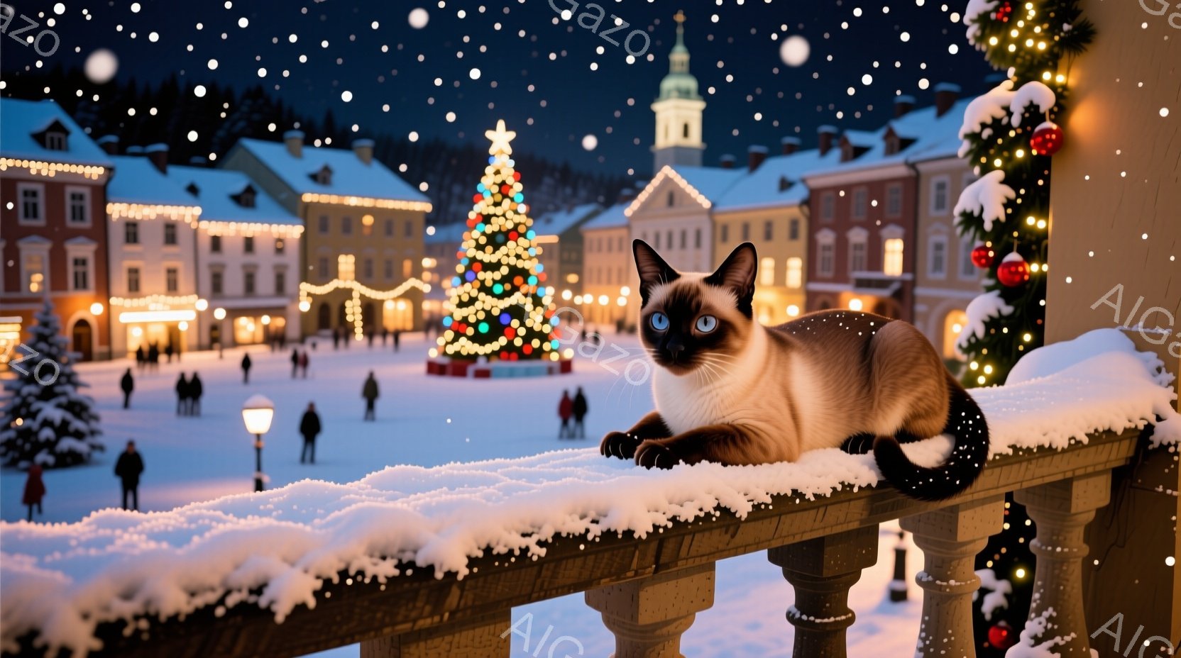 シベリアン猫が雪に覆われた手すりに横たわり、リラックスした表情でカメラを見つめている。背景には、クリスマスツリーが輝き、雪景色の中に並ぶ建物と人々が見える、冬の夜の賑やかな光景が広がっている。全体的に - AI生成フリー素材