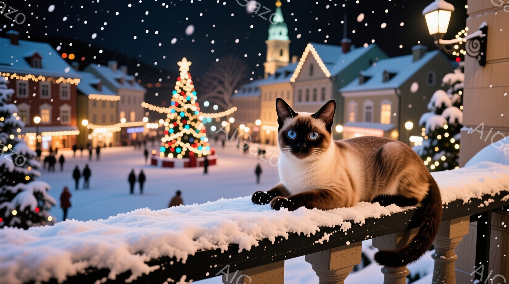 シベリアン猫が雪で覆われた欄干に座り、鋭い青い目でカメラを見つめている。背景には、クリスマスツリーが輝き、雪に覆われたヨーロッパ風の建物が並ぶ冬の夜の広場が広がっている。全体的に、暖かく幻想的なクリスマスの雰囲気が漂い、静寂と安らぎを感じさせる。