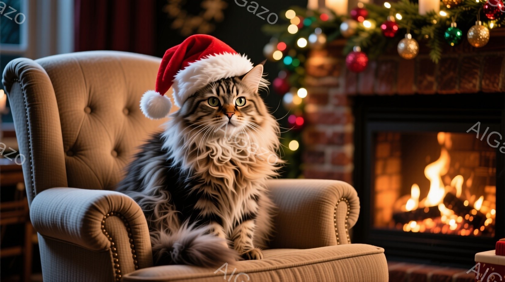 長毛の猫が、クリスマスの赤い帽子をかぶり、豪華な肘掛け椅子に座っています。背景には暖炉の炎が揺らめき、クリスマスツリーが飾られ、温かく心地よい雰囲気が漂っています。猫は正面を見据え、落ち着いた表情で、 - AI生成フリー素材
