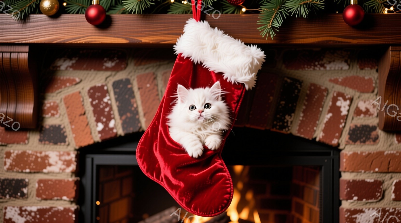 白い子猫が赤いクリスマスストッキングの中に座っており、好奇心と少しの困惑が入り混じった表情でカメラを見つめている。ストッキングは暖炉の真上に掛けられており、背景には燃え盛る暖炉とクリスマスツリーの飾り - AI生成フリー素材