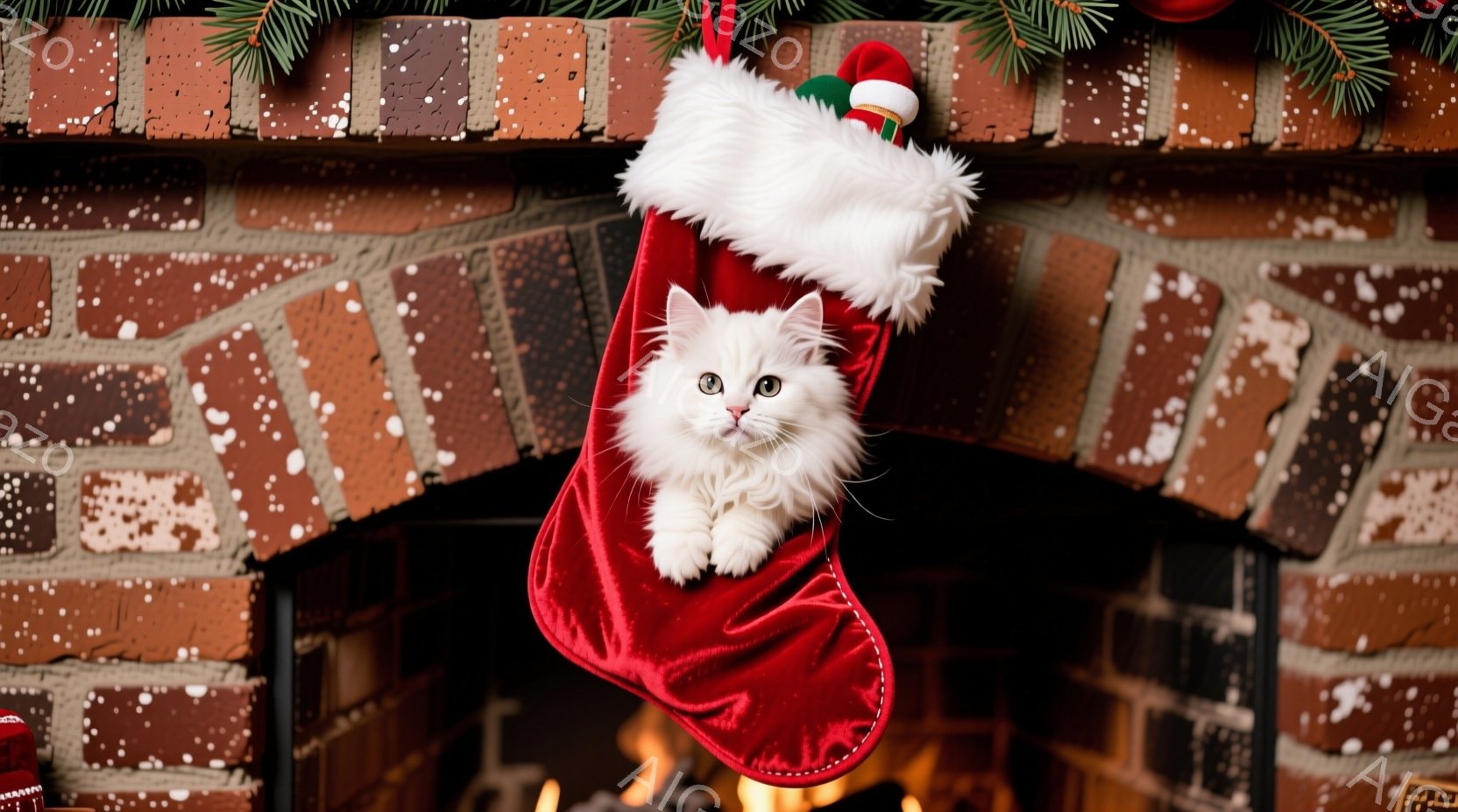 白い子猫が赤いクリスマスストッキングの中から顔を出しています。子猫は好奇心旺盛な表情で、少し戸惑ったような視線を向けています。背景にはレンガ造りの暖炉と緑の葉っぱがあり、暖かく居心地の良いクリスマスの - AI生成フリー素材