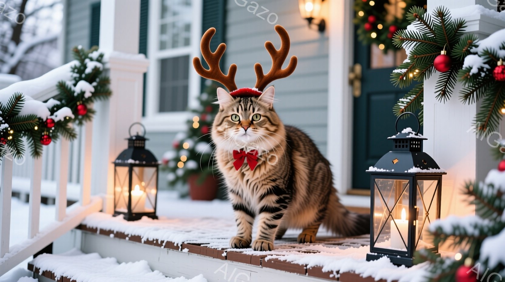 茶色のしま模様の猫が、クリスマスのトナカイの角と赤い蝶ネクタイをつけて階段に立っています。背景には、装飾された植物と明かりが灯ったランタンがあり、雪が積もった家の玄関前です。全体的に温かく、お祝いムー - AI生成フリー素材