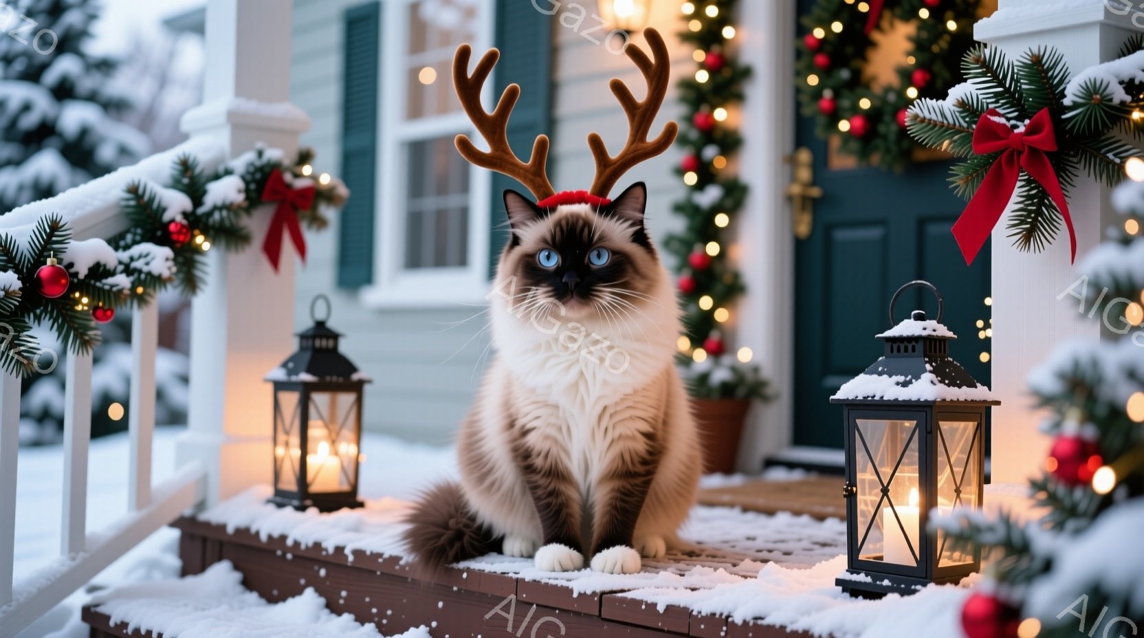 白と茶色の美しいシャム猫が、クリスマスのトナカイの角を付けて、雪の積もった家の玄関のステップに座っています。背景には、装飾されたクリスマスリースと、温かい光を放つランタンがあり、冬の暖かくお祝いムード - AI生成フリー素材