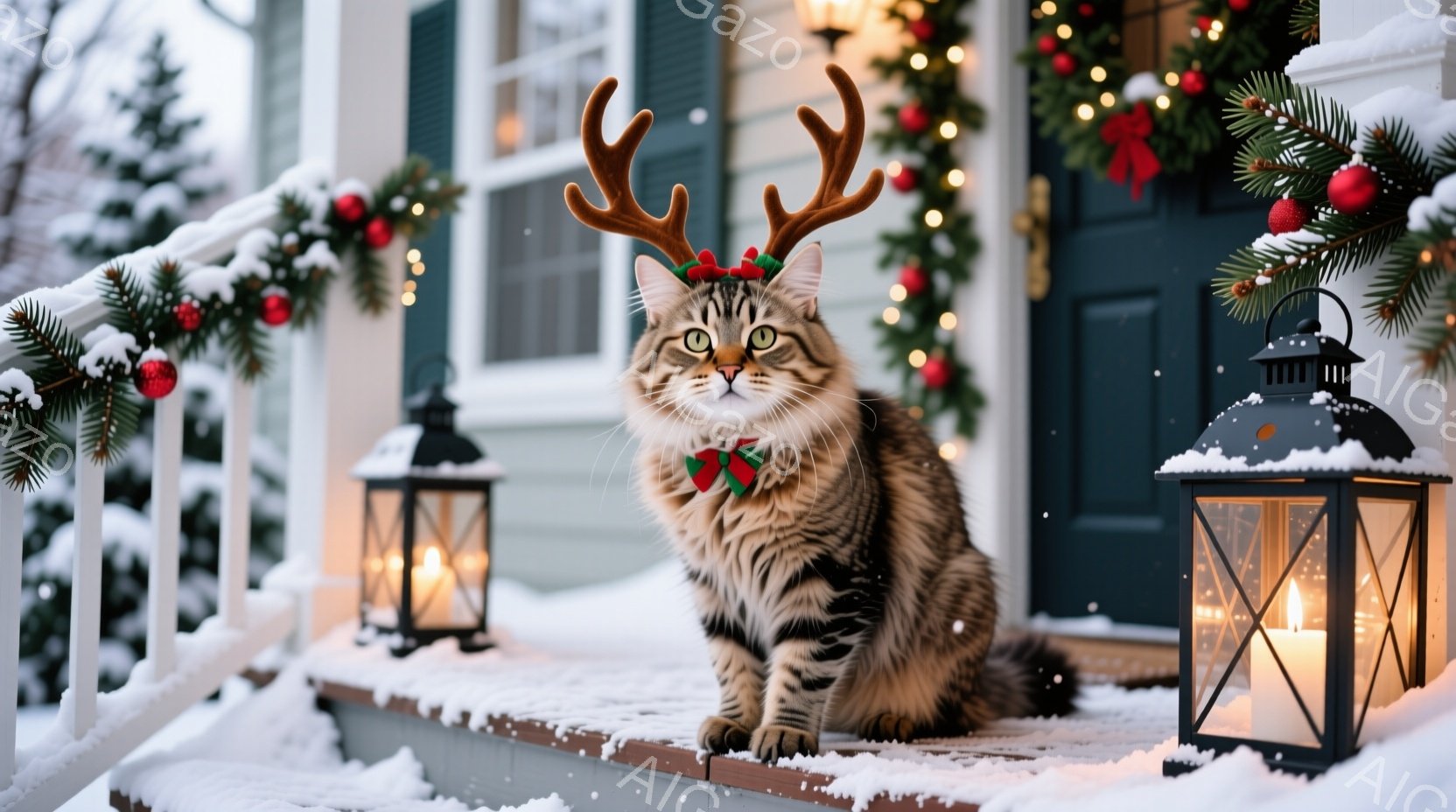 茶色の縞模様の猫が、クリスマスの角飾りと赤い蝶ネクタイをつけて、家の玄関前のステップに座っています。背景には、クリスマスリースとイルミネーションで飾られたドアがあり、雪が降り積もったステップの横にはキ - AI生成フリー素材