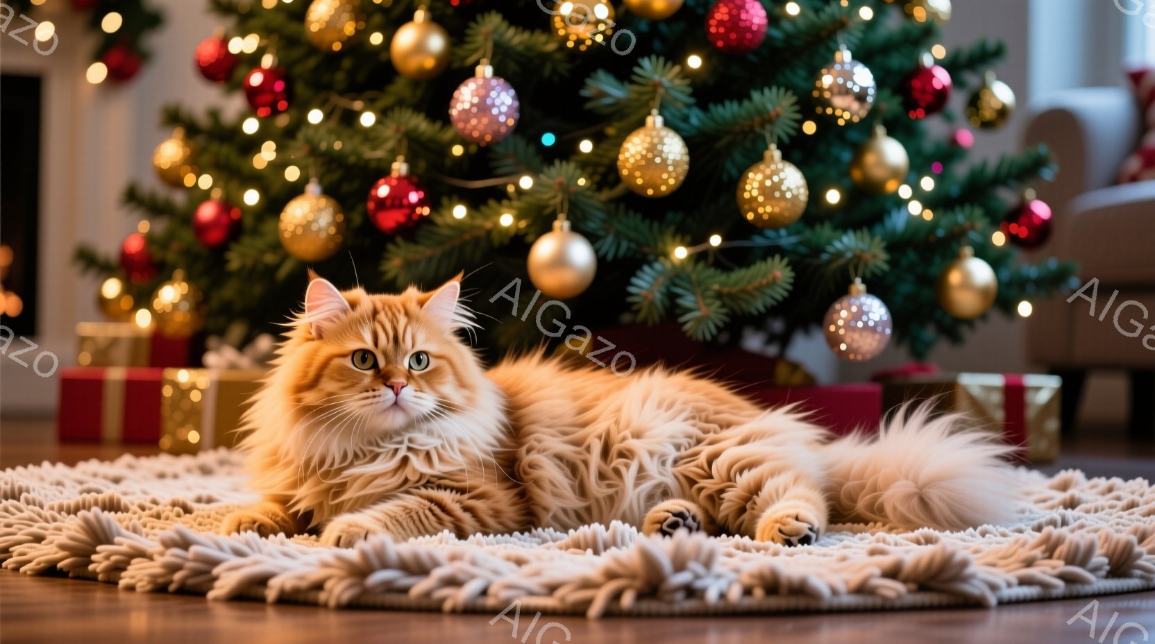 明るいフローリングの上に、ふわふわのオレンジ色の長毛猫が丸まって横たわっています。背景には、様々なオーナメントで飾られたクリスマスツリーがあり、温かい光が猫を照らしています。全体的に、暖かく、穏やかで、クリスマスの雰囲気が漂う画像です。