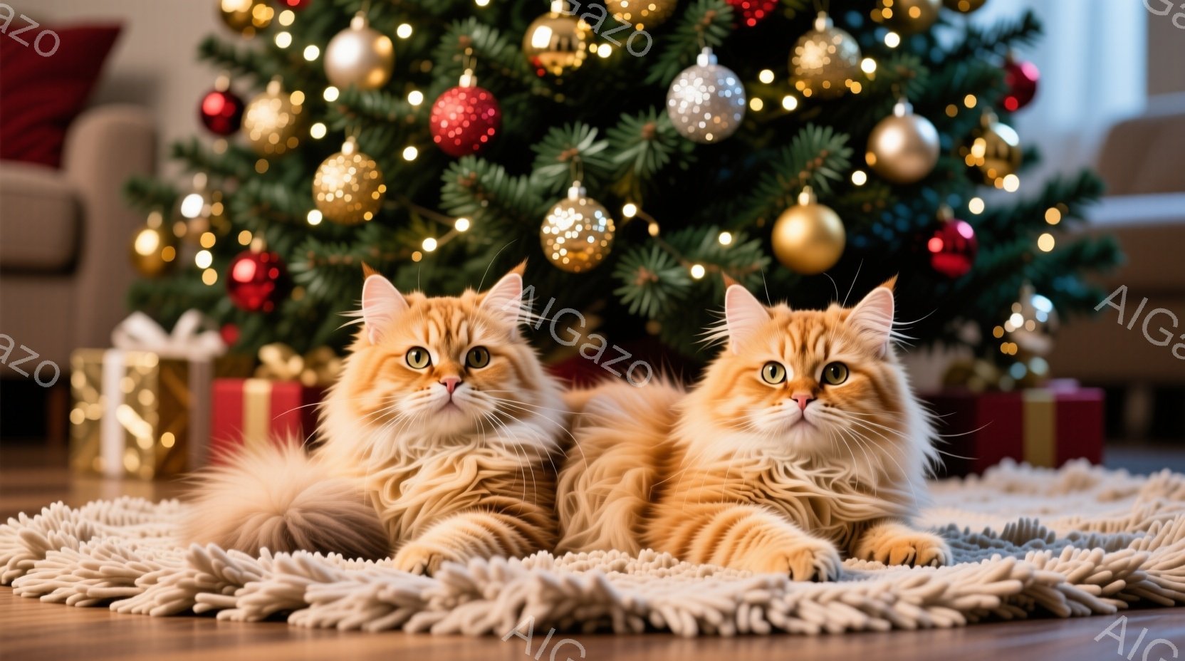 鮮やかなオレンジ色の毛並みを持つ2匹の猫が、ふわふわとしたクリーム色のラグの上に横たわっています。猫たちはリラックスした表情で、お互いに寄り添い、まるで眠っているかのようです。背景には、赤や金色のオー - AI生成フリー素材